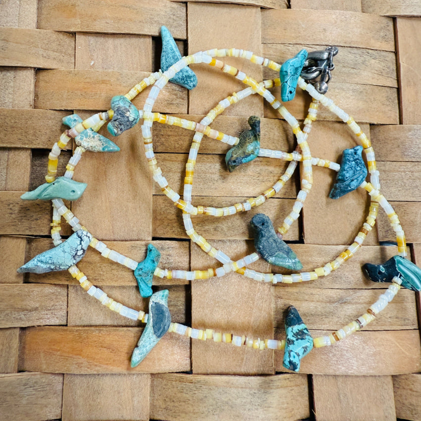 Fantastic Early Yellow Shell Heishi & Turquoise Bird Fetish Necklace fetish necklace