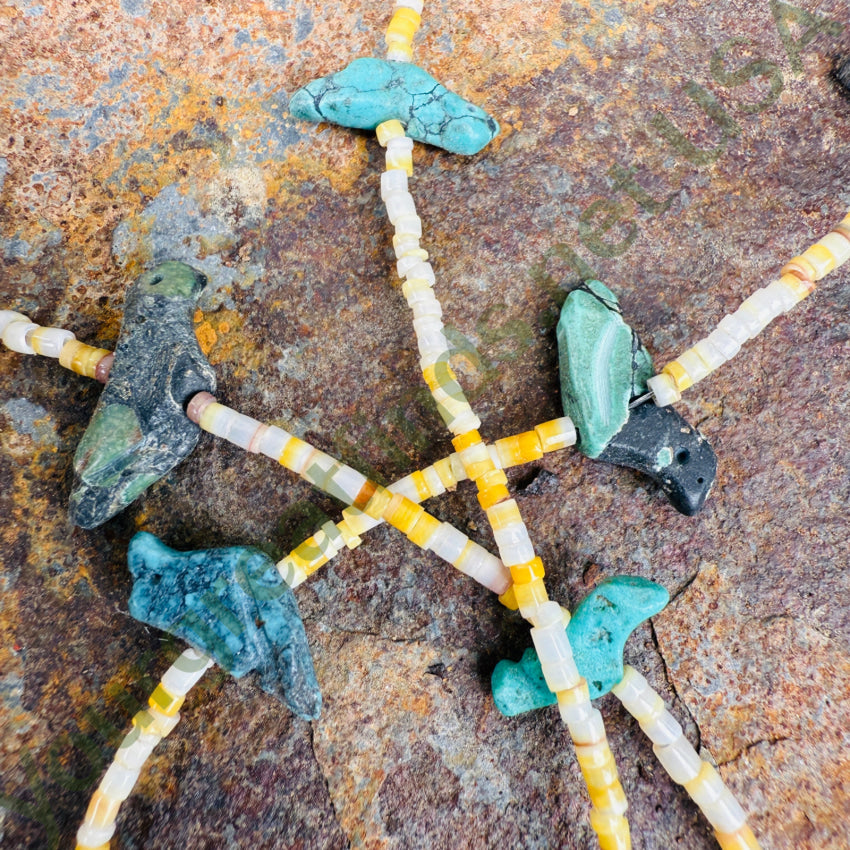 Fantastic Early Yellow Shell Heishi & Turquoise Bird Fetish Necklace fetish necklace