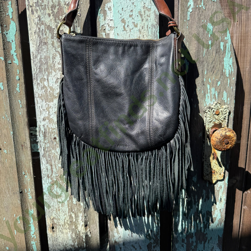 Fossil Black & Brown Fringed Leather Shoulder Bag shoulder bag
