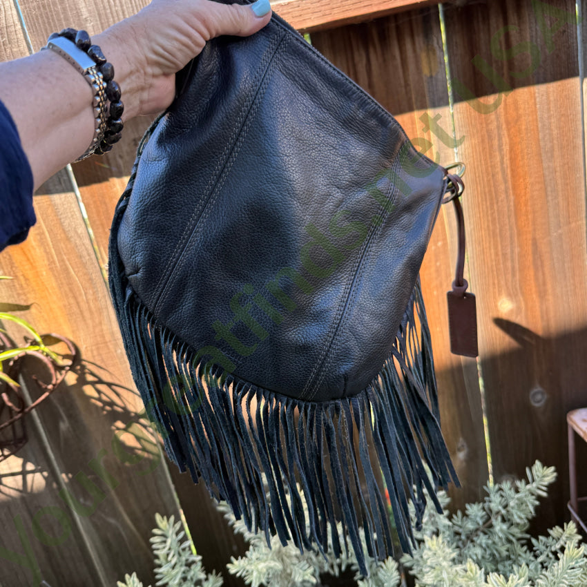 Fossil Black & Brown Fringed Leather Shoulder Bag shoulder bag