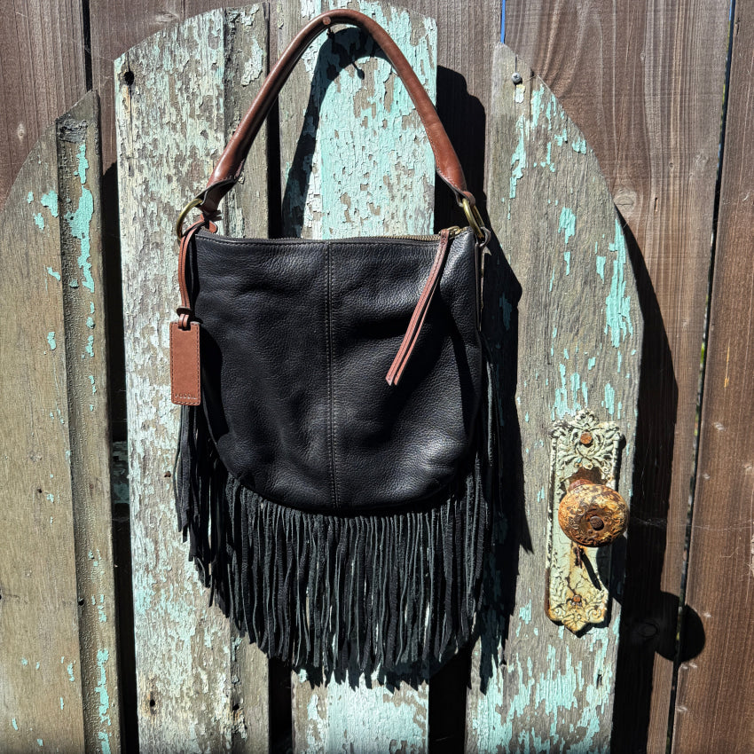 Fossil Black & Brown Fringed Leather Shoulder Bag shoulder bag