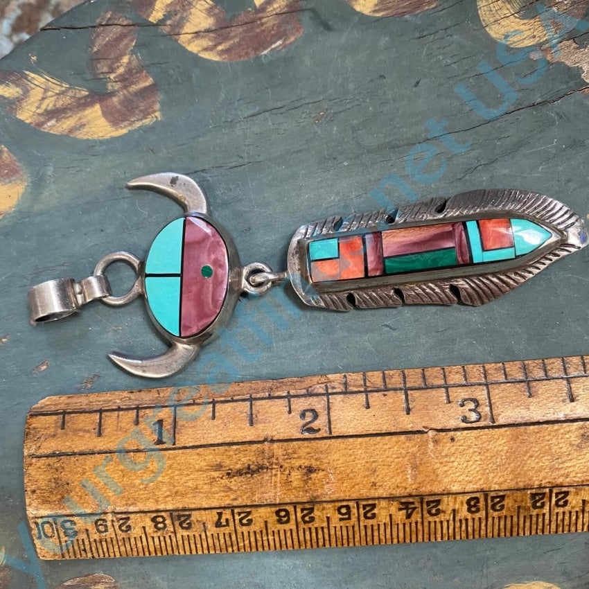 Frank Yellowhorse Channel Inlay Bison Feather Pendant Charms & Pendants