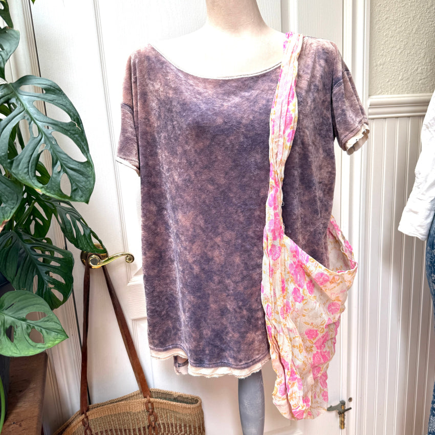 Free People Doran Velvet Tee Pink/Denim XS w/ Bag & Reciept devotional metal St. Christopher