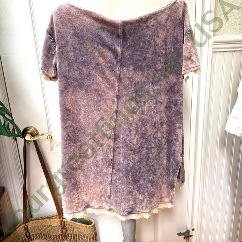 Free People Doran Velvet Tee Pink/Denim XS w/ Bag & Reciept devotional metal St. Christopher