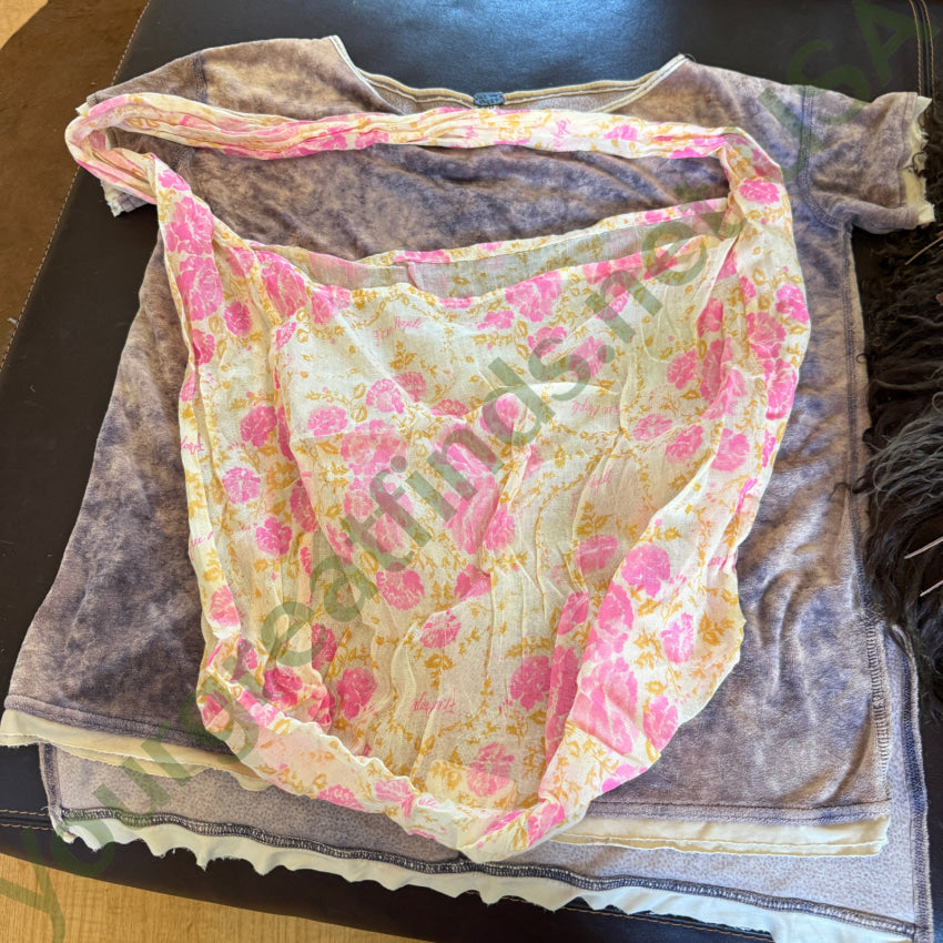 Free People Doran Velvet Tee Pink/Denim XS w/ Bag & Reciept devotional metal St. Christopher