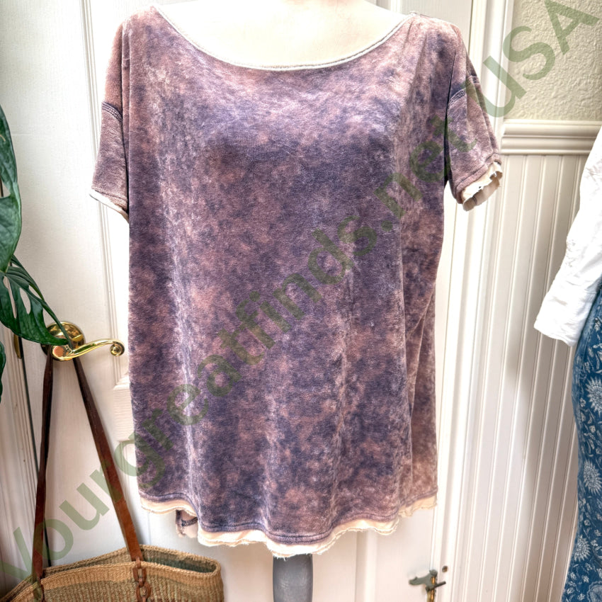 Free People Doran Velvet Tee Pink/Denim XS w/ Bag & Reciept devotional metal St. Christopher