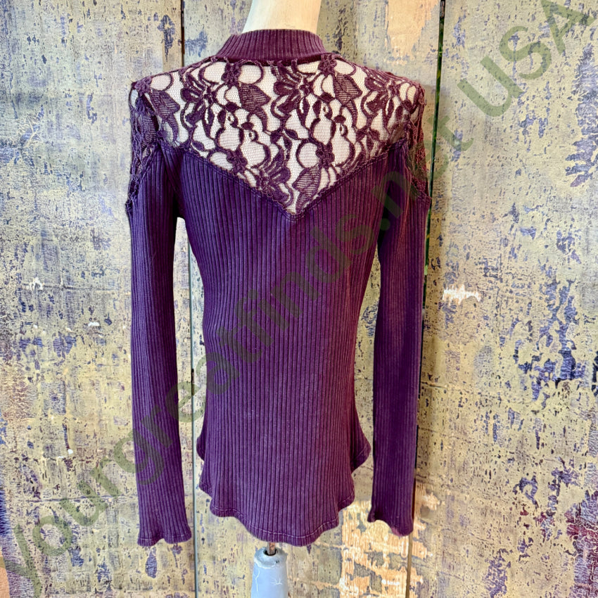 Free People Lace Keyhole Ribbed Long Sleeve Top L blouse