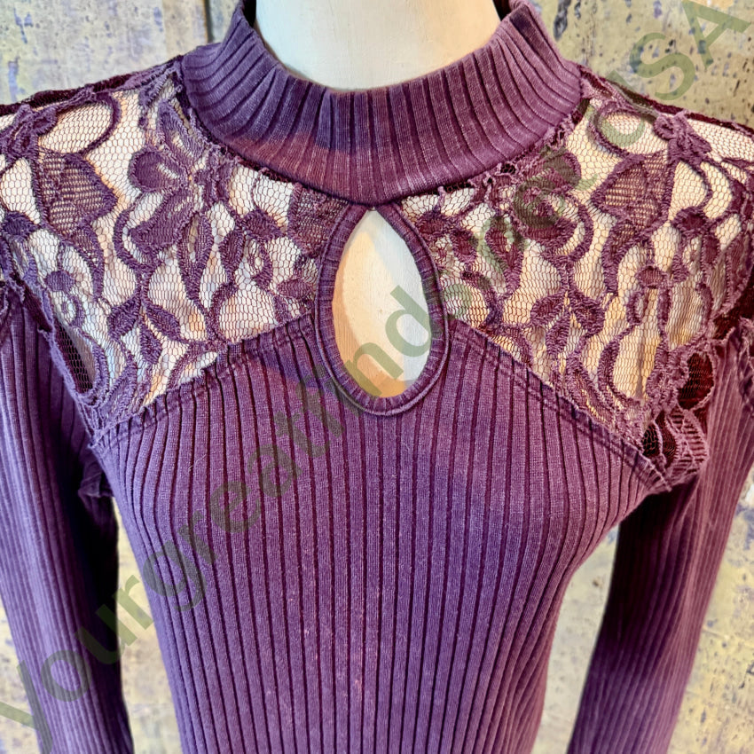 Free People Lace Keyhole Ribbed Long Sleeve Top L blouse