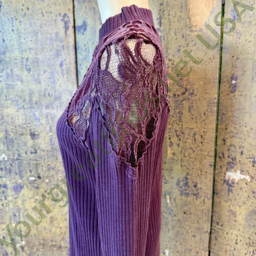 Free People Lace Keyhole Ribbed Long Sleeve Top L blouse