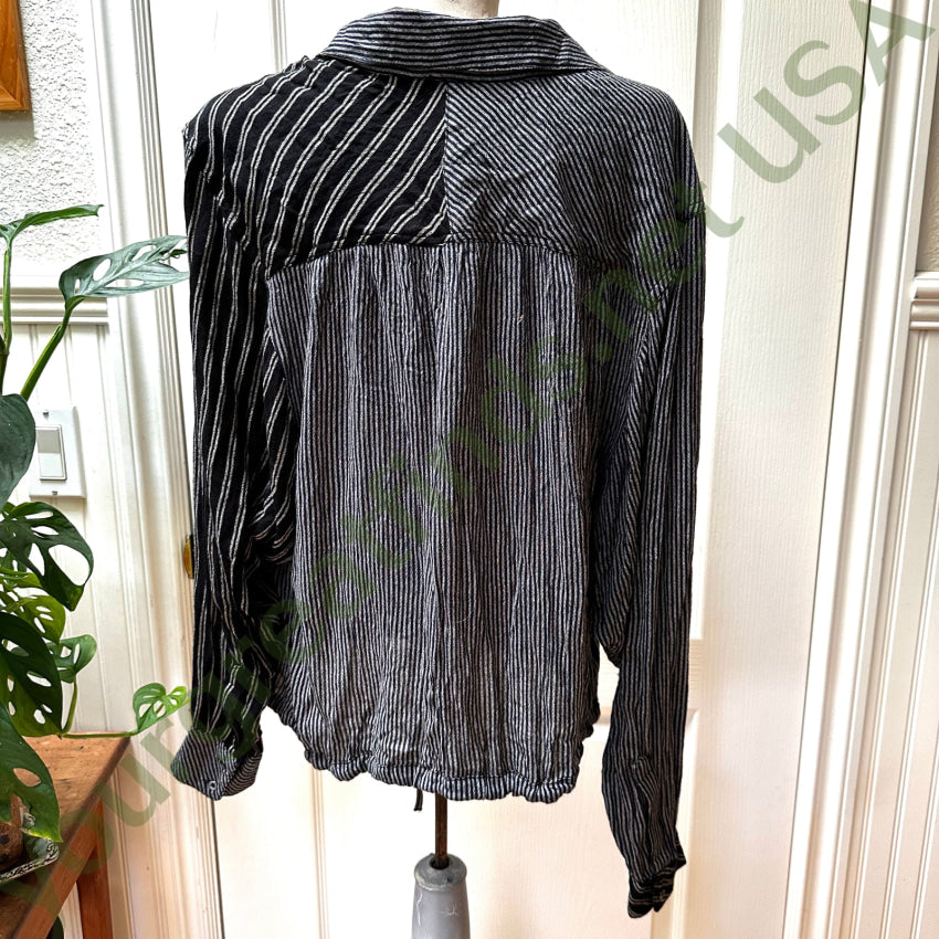 Free People Nwt Black Pinstripe Drawstring Blouse Blouse