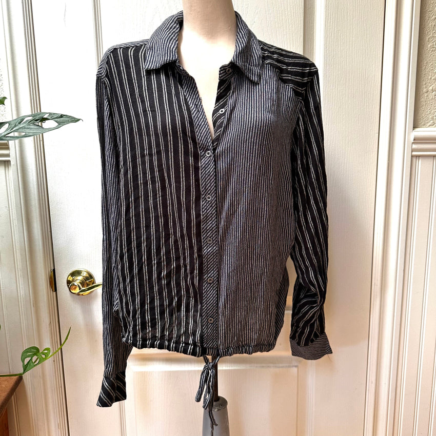 Free People Nwt Black Pinstripe Drawstring Blouse Blouse