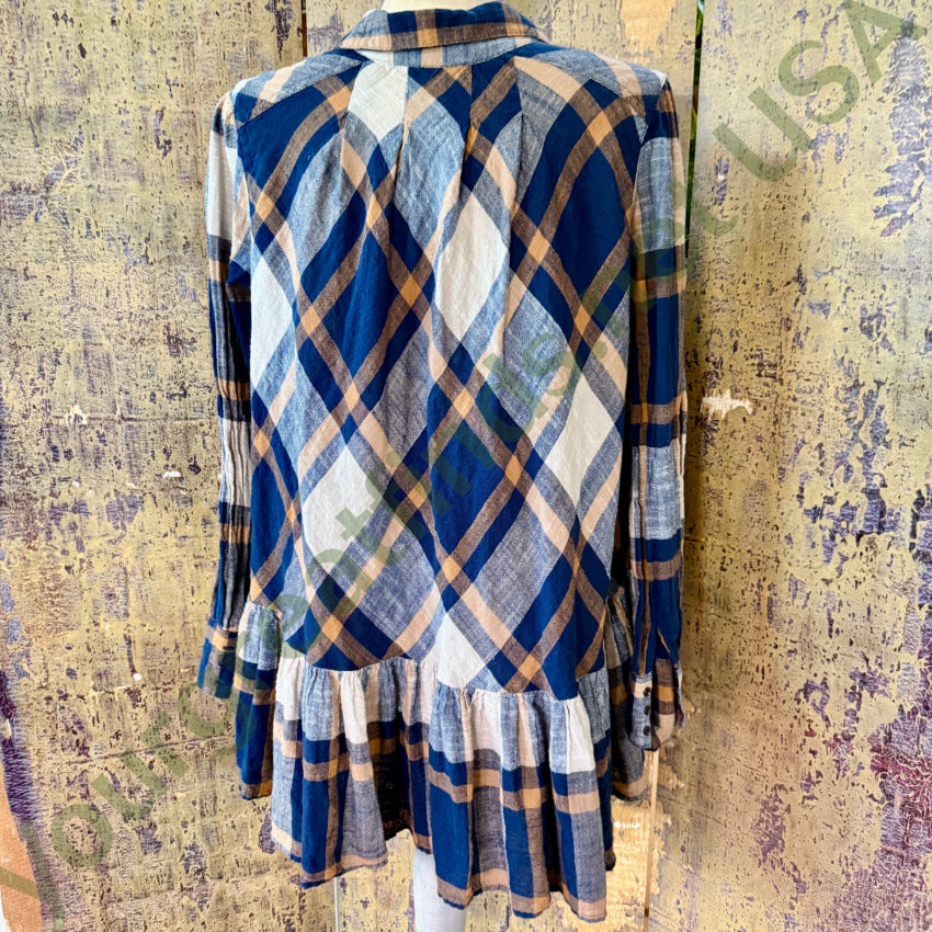 Free People Size XS Peppy In Plaid Ruffle Button Plaid Shirt blouse