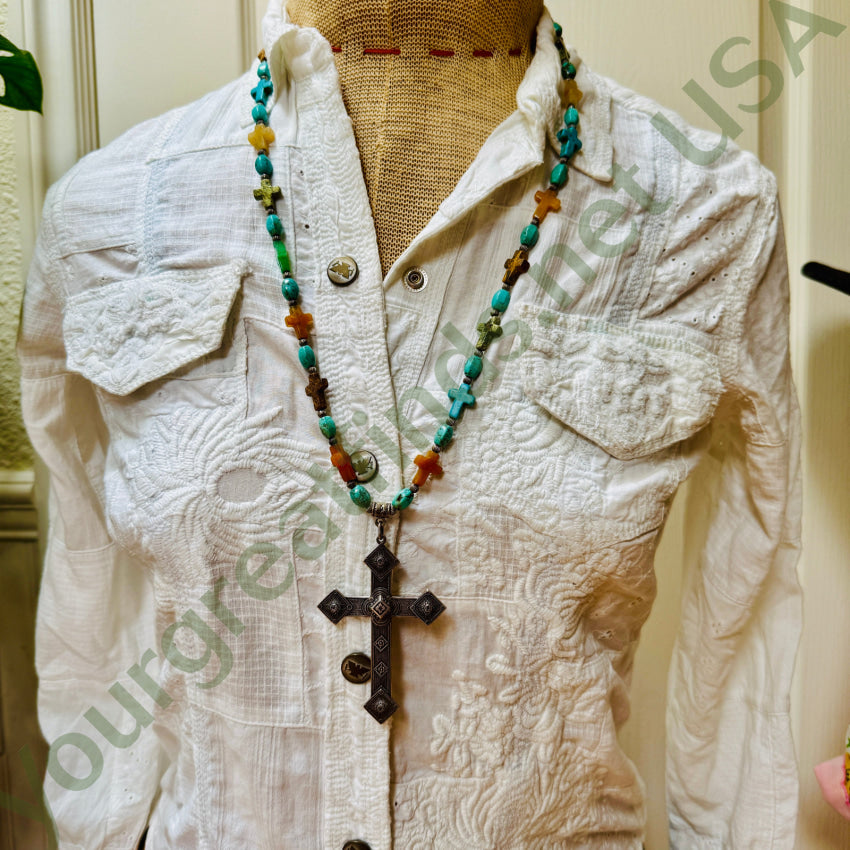 Gemstone Cross Bead Turquoise & Sterling Silver Necklace necklace