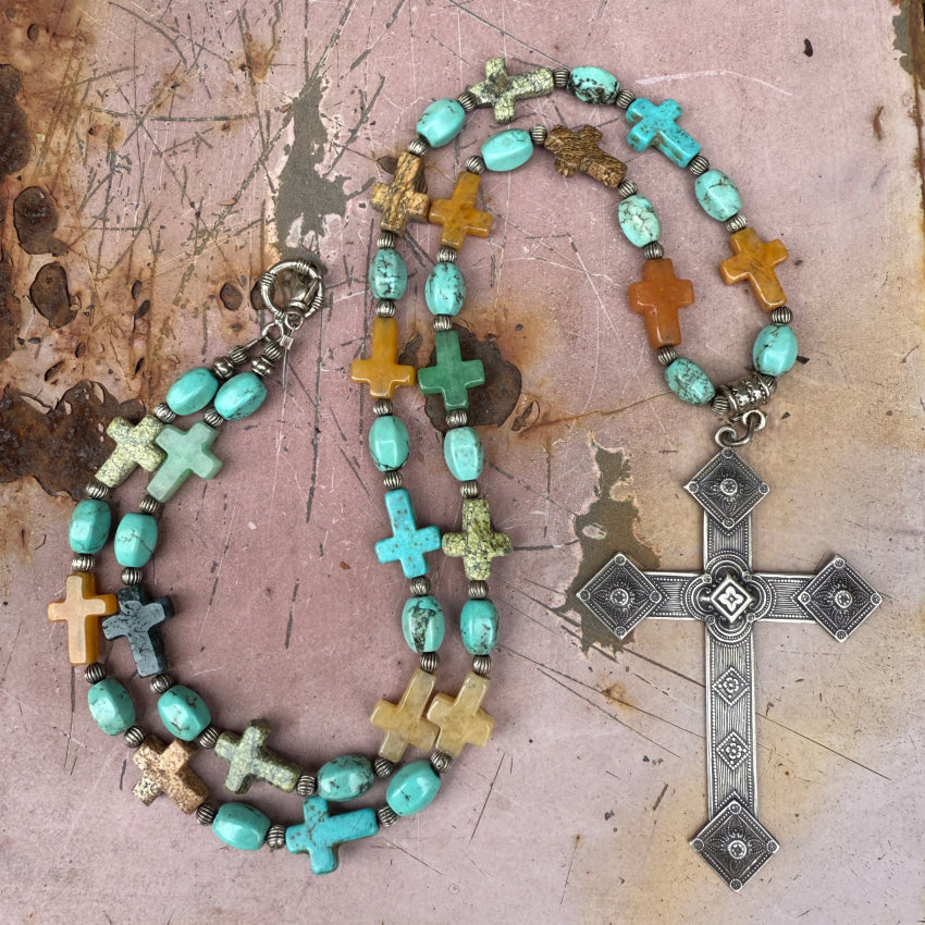 Gemstone Cross Bead Turquoise & Sterling Silver Necklace necklace