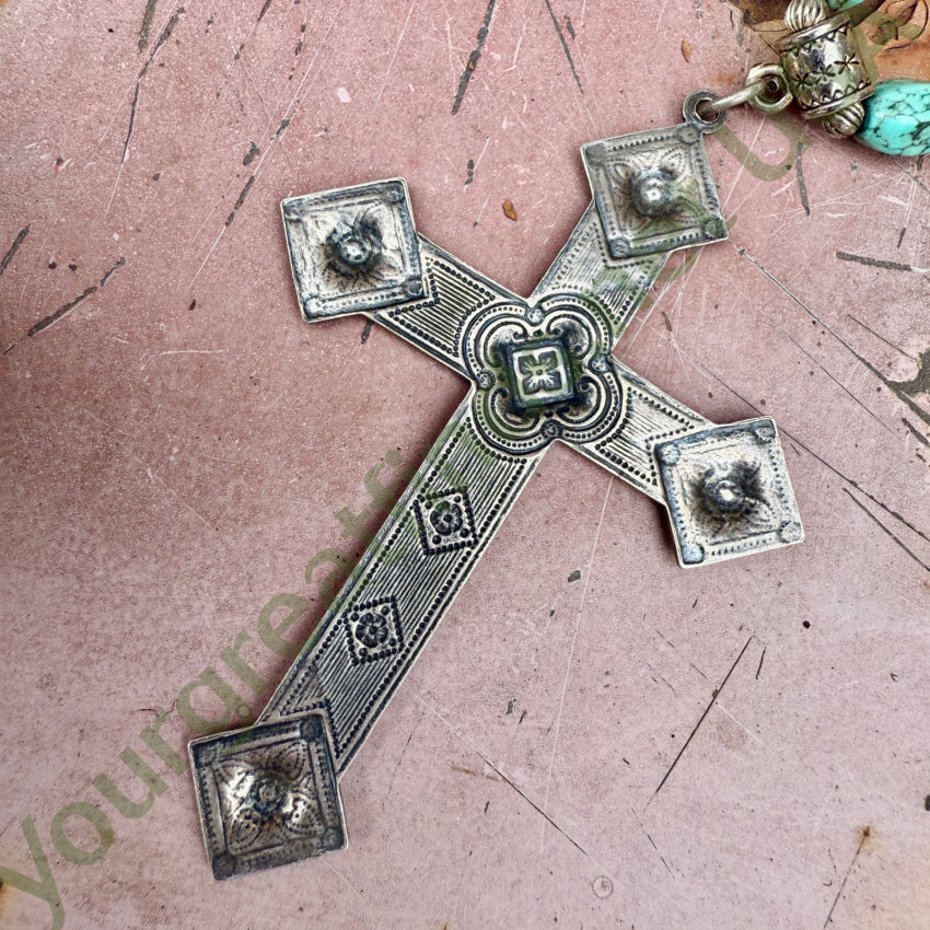 Gemstone Cross Bead Turquoise & Sterling Silver Necklace necklace