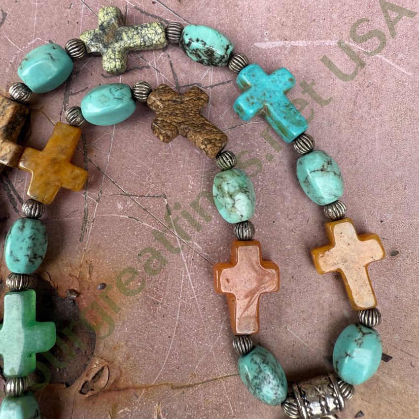 Gemstone Cross Bead Turquoise & Sterling Silver Necklace necklace