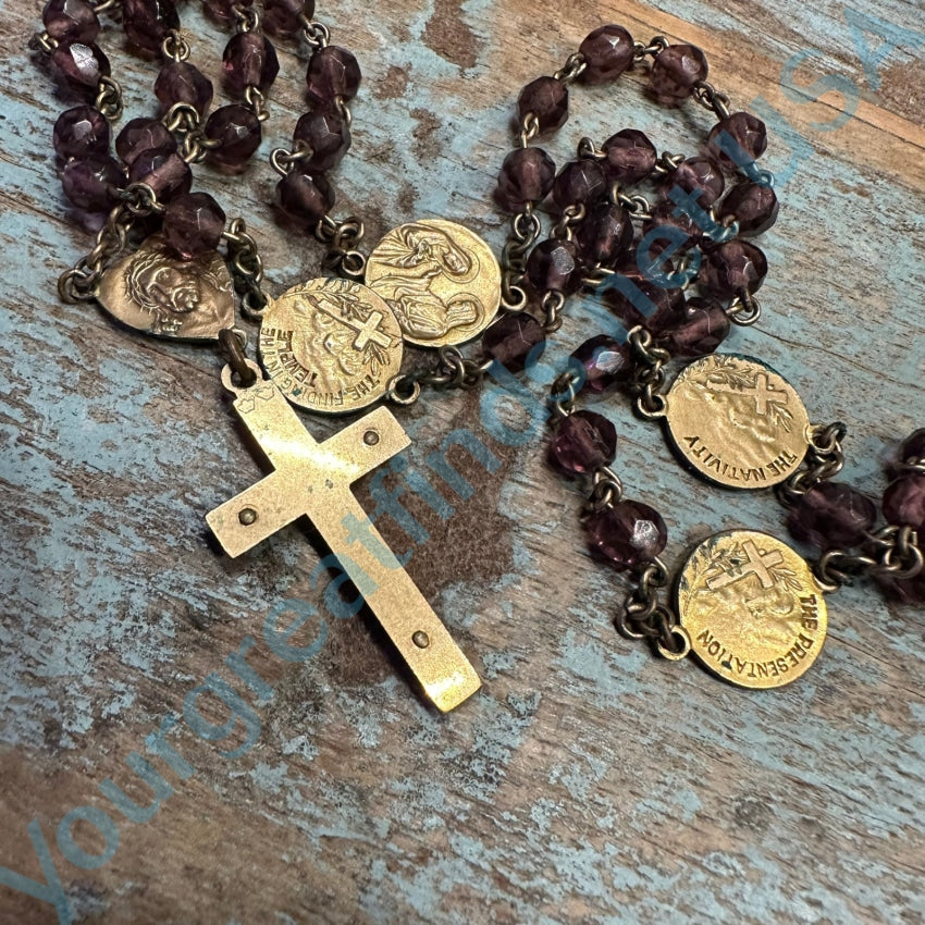Gold Over Copper Purple Glass Bead Rosary Necklace
