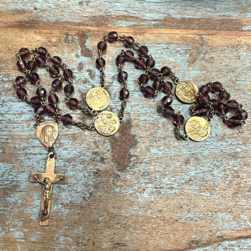 Gold Over Copper Purple Glass Bead Rosary Necklace