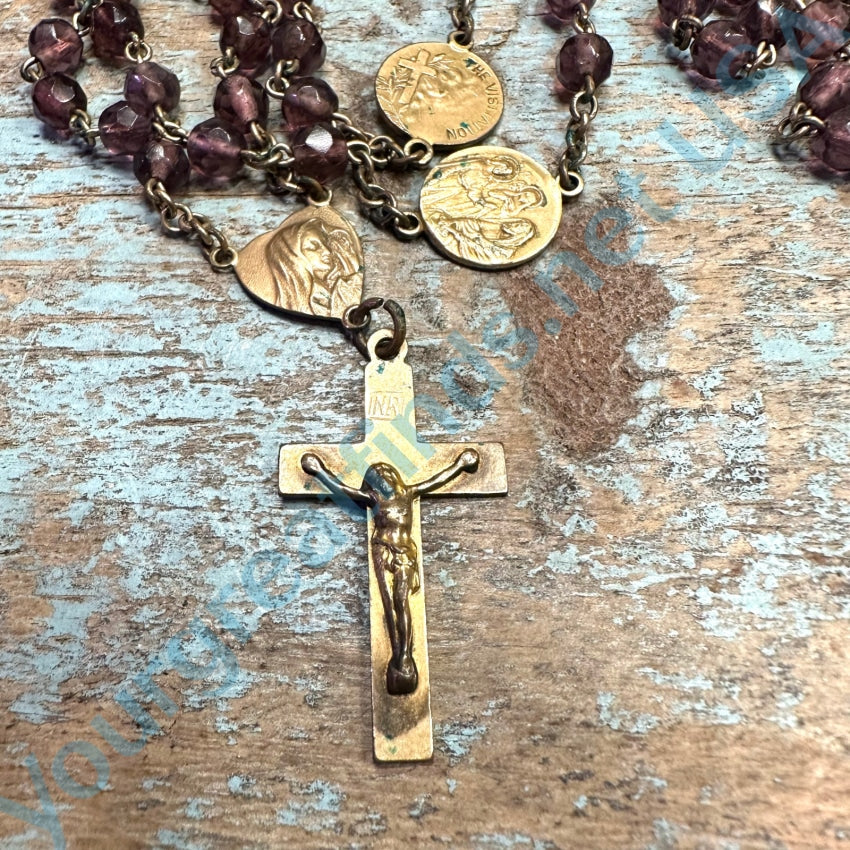Gold Over Copper Purple Glass Bead Rosary Necklace