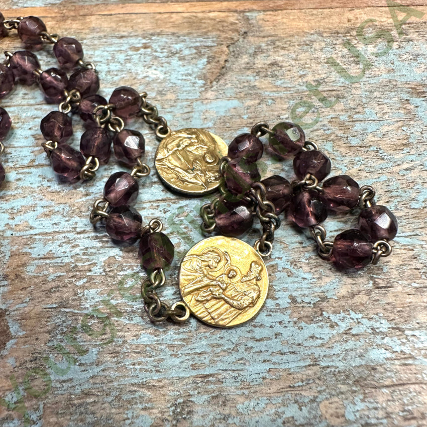 Gold Over Copper Purple Glass Bead Rosary Necklace