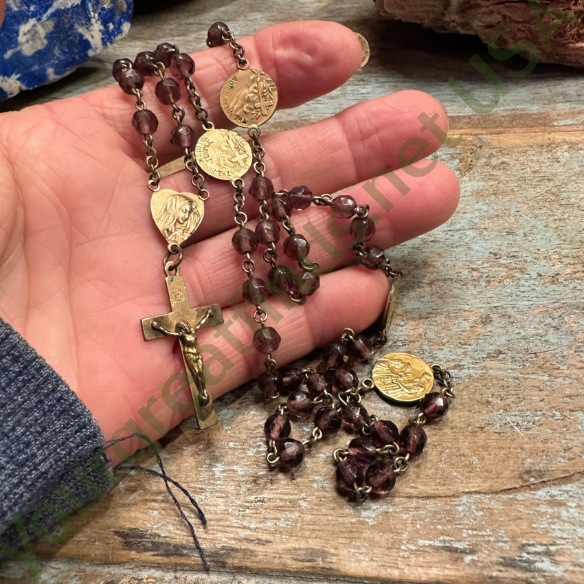 Gold Over Copper Purple Glass Bead Rosary Necklace