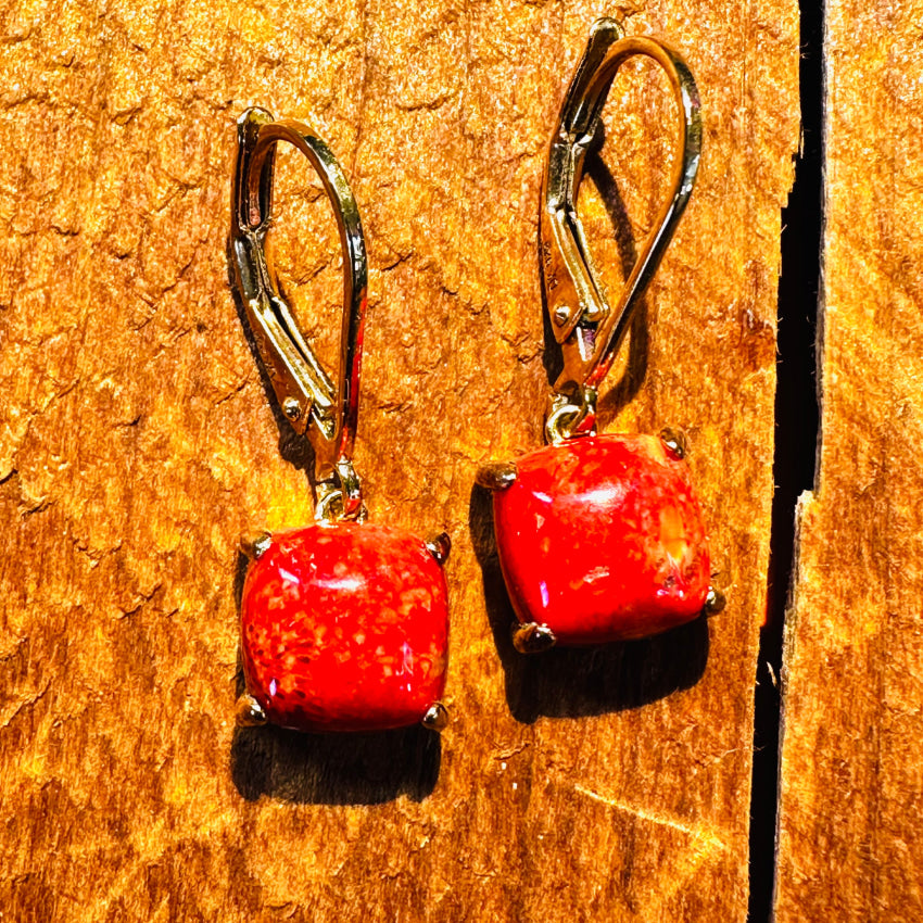 Gold Over Sterling Silver Earrings Red Sponge Coral Pierced