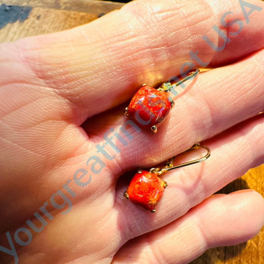 Gold Over Sterling Silver Earrings Red Sponge Coral Pierced