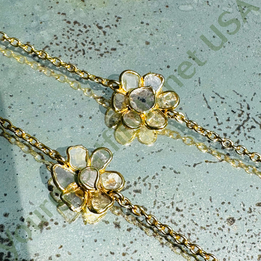 Gold Over Sterling Silver Natural Diamond Flower Station Necklace Necklace