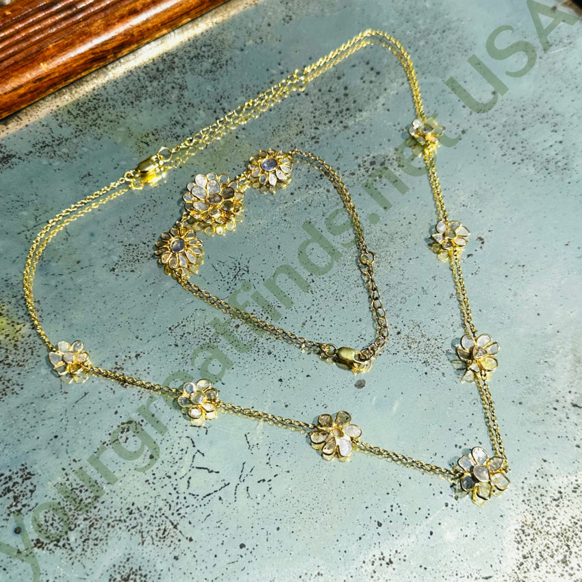 Gold Over Sterling Silver Natural Diamond Flower Station Necklace Necklace