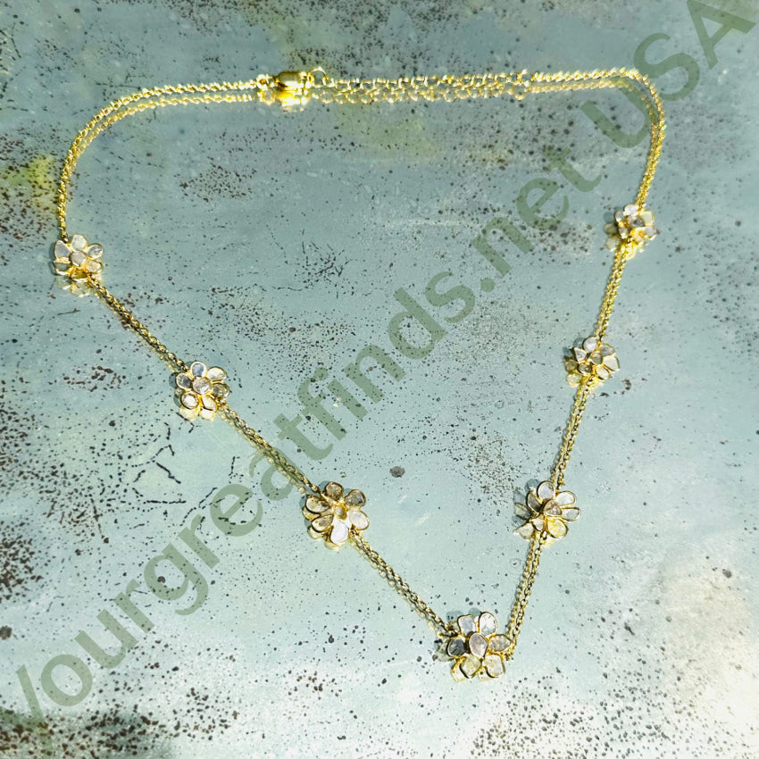 Gold Over Sterling Silver Natural Diamond Flower Station Necklace Necklace