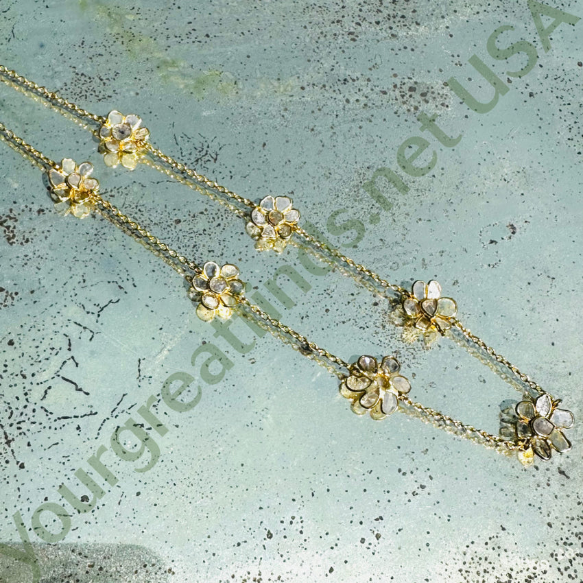 Gold Over Sterling Silver Natural Diamond Flower Station Necklace Necklace