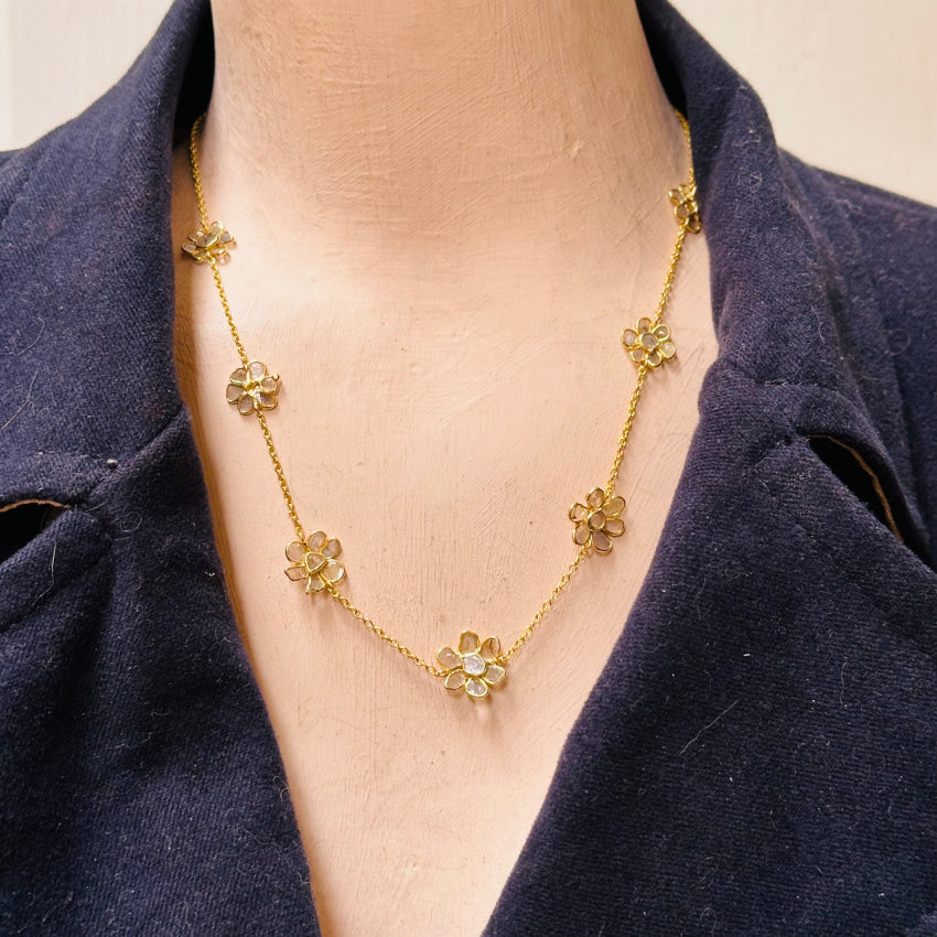 Gold Over Sterling Silver Natural Diamond Flower Station Necklace Necklace