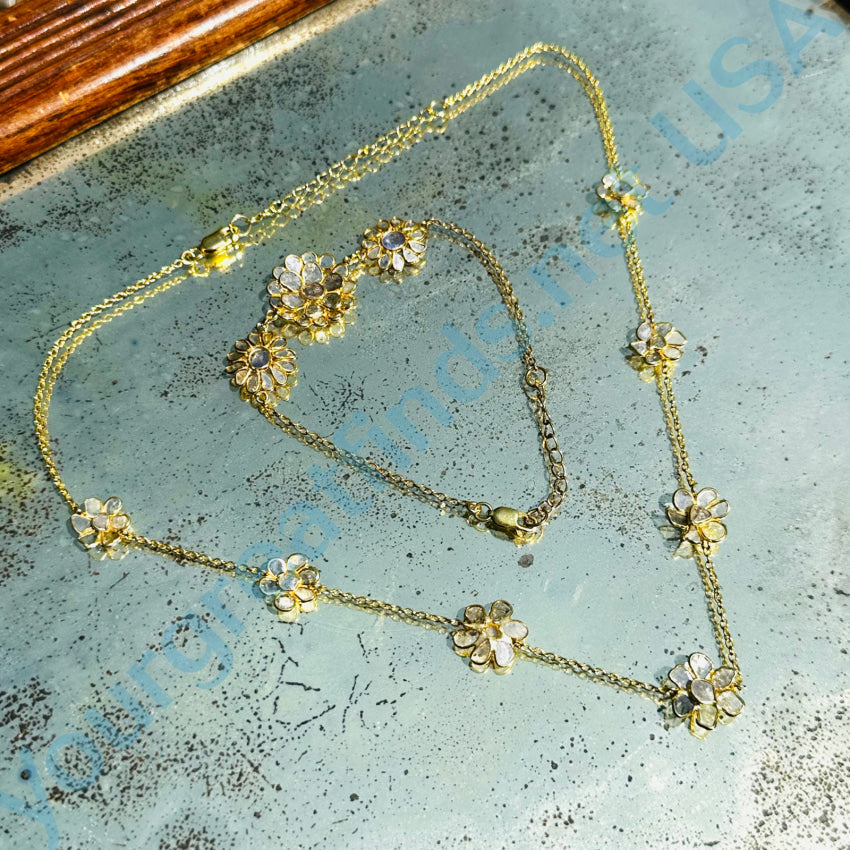 Gold Over Sterling Silver Natural Diamond Flower Station Necklace Necklace