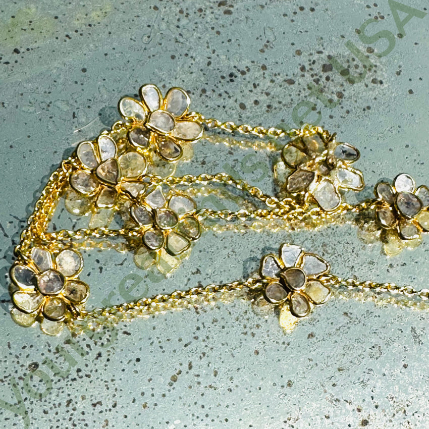 Gold Over Sterling Silver Natural Diamond Flower Station Necklace Necklace