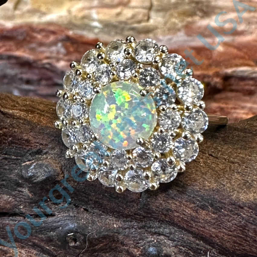 Gold Plated Sterling Silver Opal &amp; Cubic Zirconia Ring Size 7 1/4