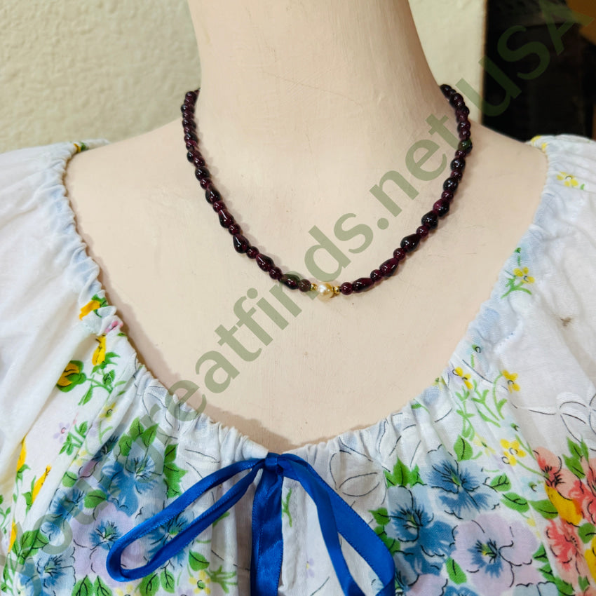 Gold & Red Garnet Bead Pearl Necklace & Bracelet Set jewelry set