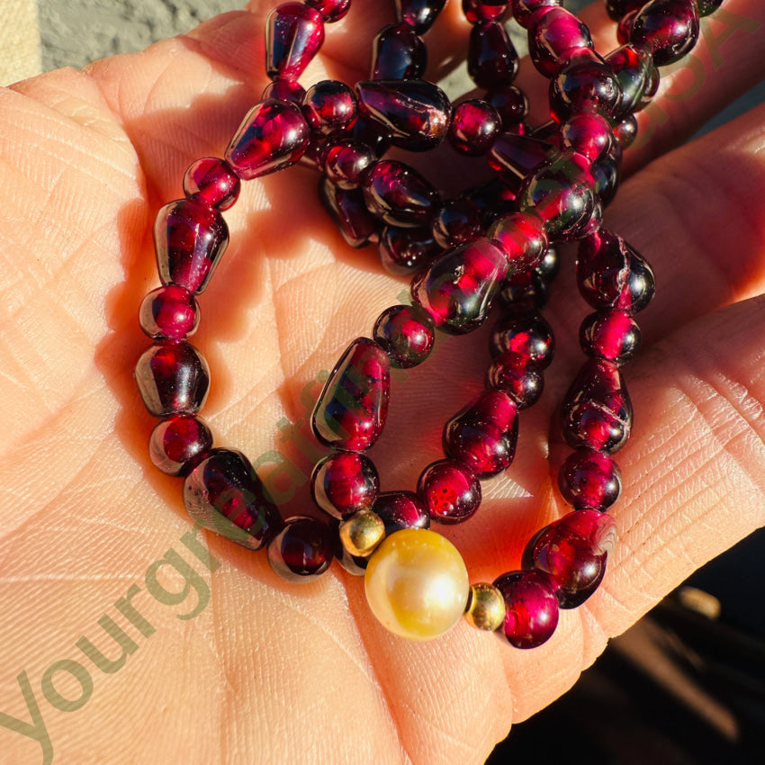 Gold & Red Garnet Bead Pearl Necklace & Bracelet Set jewelry set