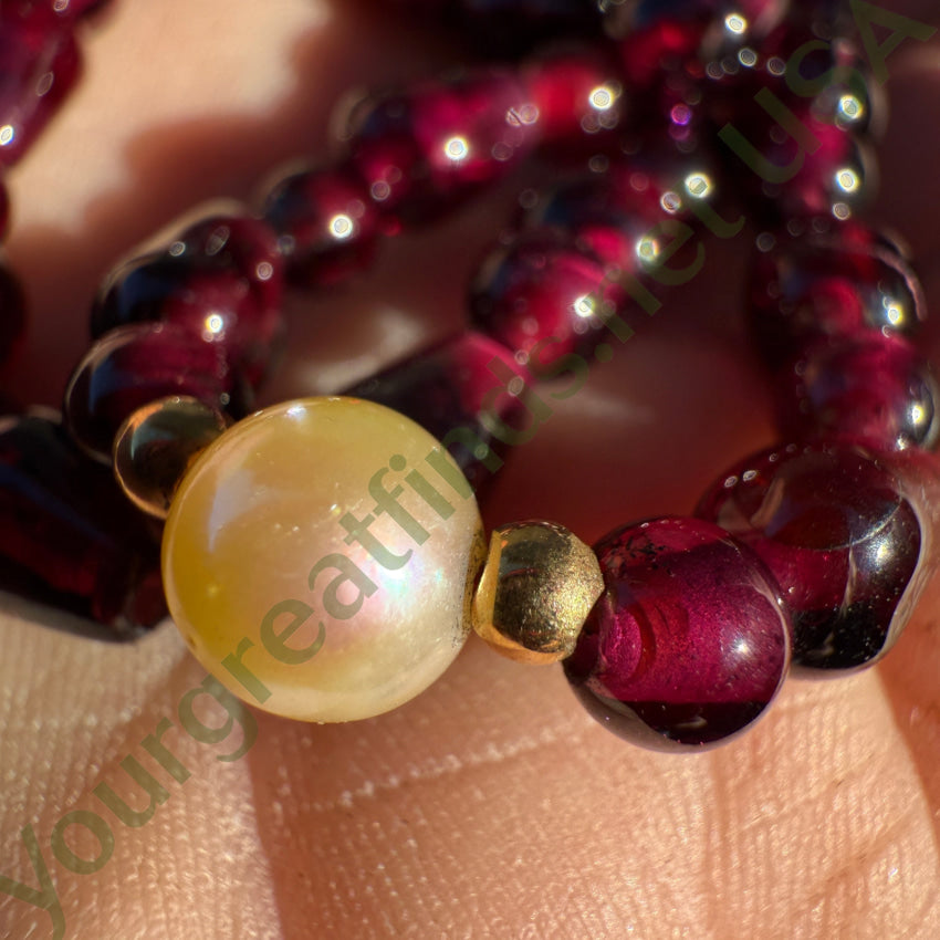 Gold & Red Garnet Bead Pearl Necklace & Bracelet Set jewelry set