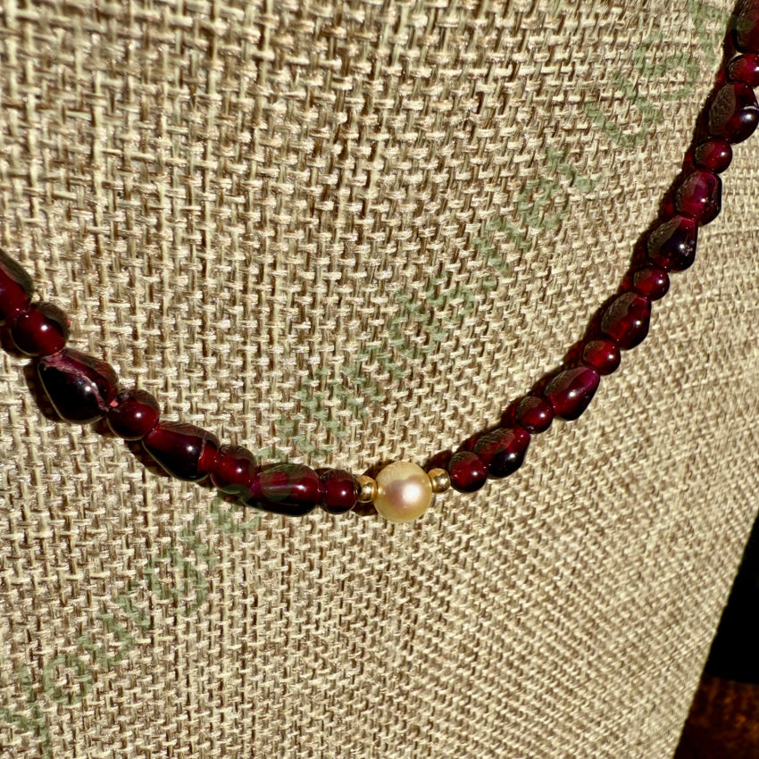 Gold & Red Garnet Bead Pearl Necklace & Bracelet Set jewelry set