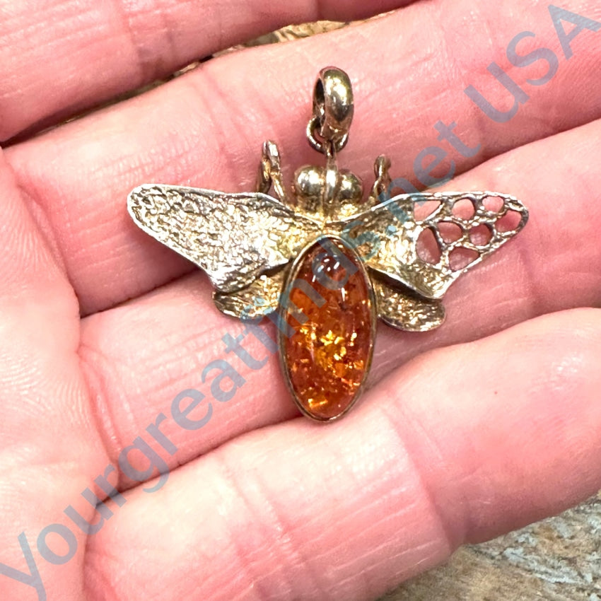 Gold Washed Sterling Silver Amber Bee Pendant