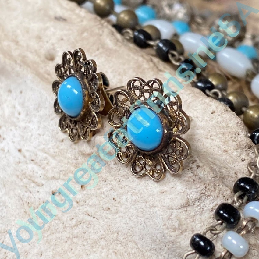 Gold Washed Sterling Silver Filigree Earrings Blue Glass Yourgreatfinds