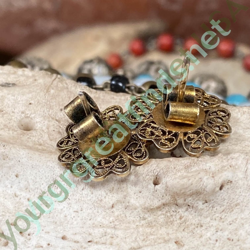 Gold Washed Sterling Silver Filigree Earrings Blue Glass Yourgreatfinds