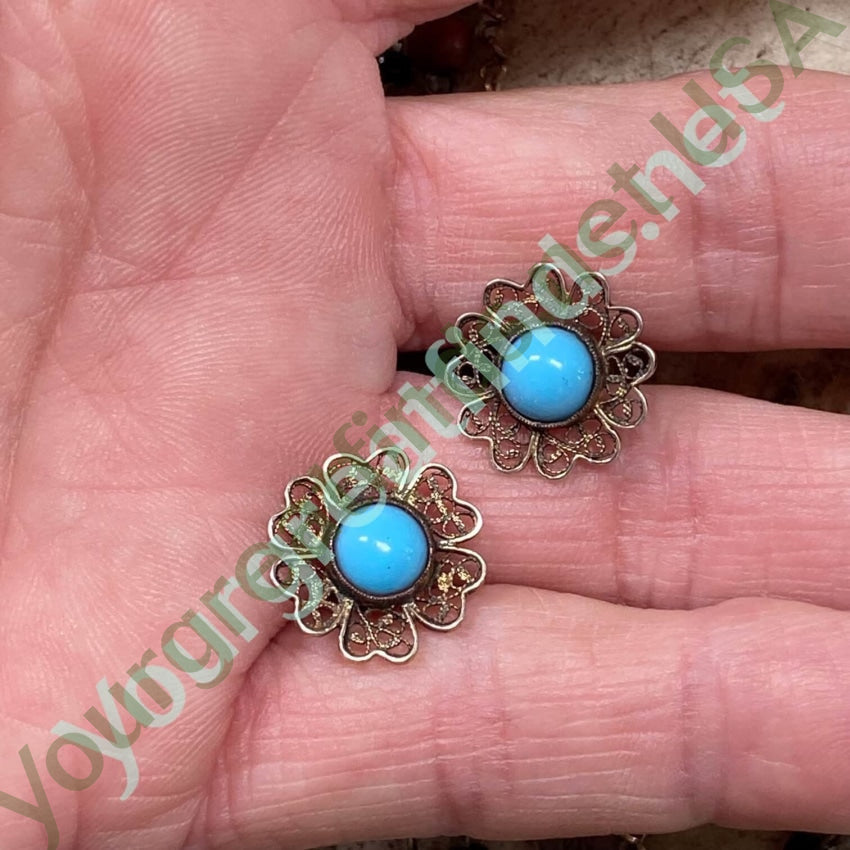 Gold Washed Sterling Silver Filigree Earrings Blue Glass Yourgreatfinds