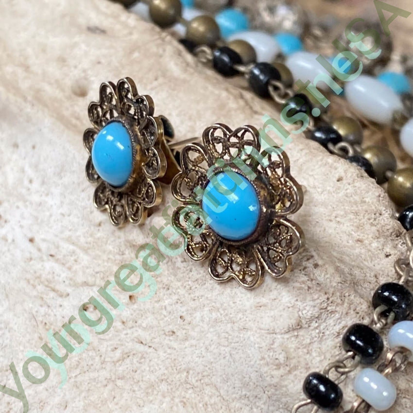 Gold Washed Sterling Silver Filigree Earrings Blue Glass Yourgreatfinds
