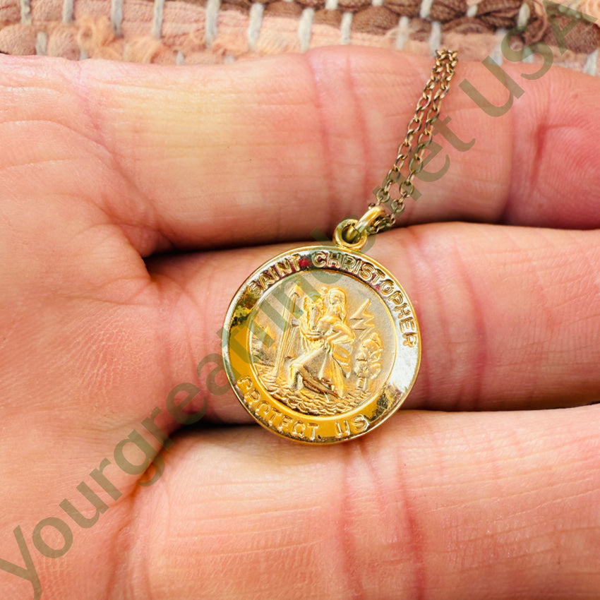 Goldtone Saint Christopher Pendant w/ 1/20 12k Gold Vintage Chain necklace