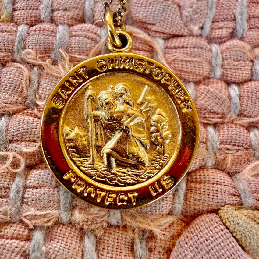 Goldtone Saint Christopher Pendant w/ 1/20 12k Gold Vintage Chain necklace