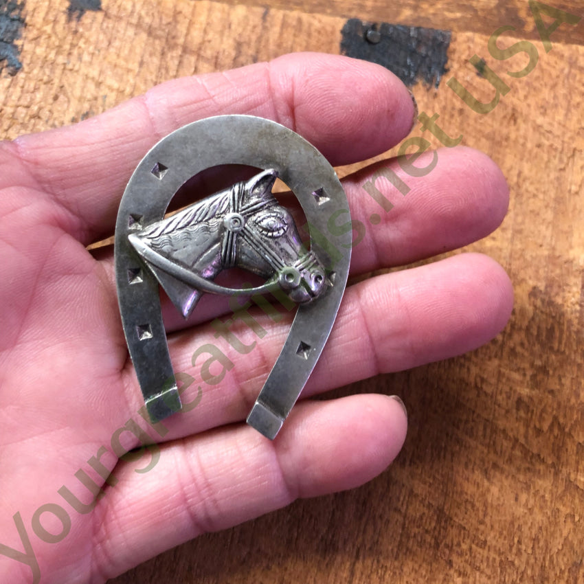 Great Vintage Sterling Silver Horse & Horseshoe Pin Brooch Pin / Brooch