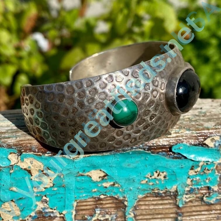 Hammered Mexican Sterling Silver Gemstone Cuff Bracelet Yourgreatfinds