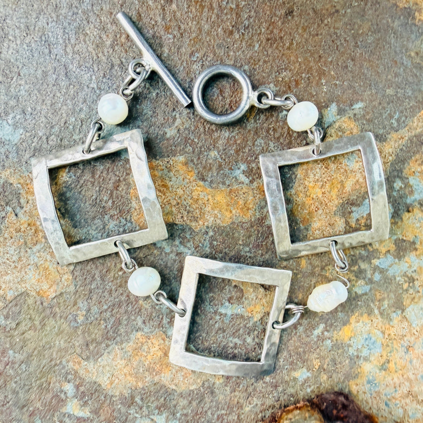 Hammered Sterling Silver & Freshwater Pearl Panel Bracelet bracelet