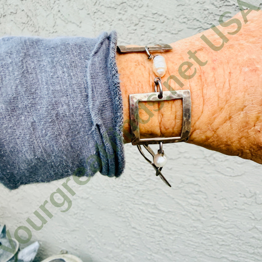 Hammered Sterling Silver & Freshwater Pearl Panel Bracelet bracelet
